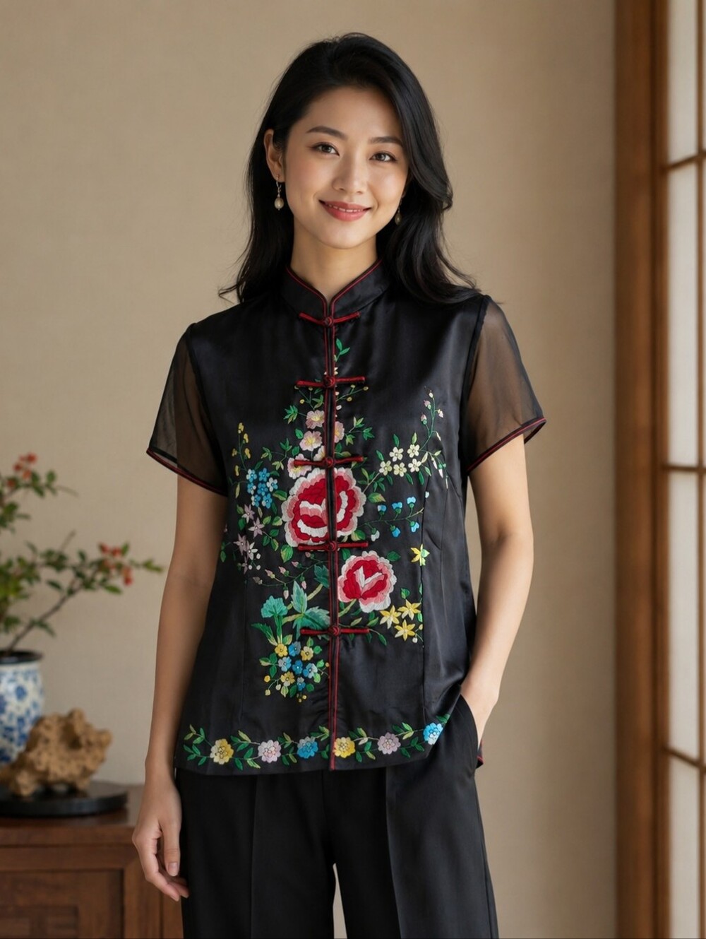 100% Silk Black Floral Embroidered Cheongsam Qipao Top Size M Vintage - Picture 13 of 13